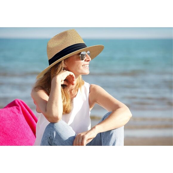 🆕 Women Brown Foldable Summer Straw Hat Wide Brim Fedora Sun Beach Soft Floppy - Picture 5 of 7